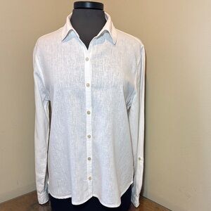 Orvis Classic White Linen Button Down Womens Shirt, Medium, roll tab sleeves